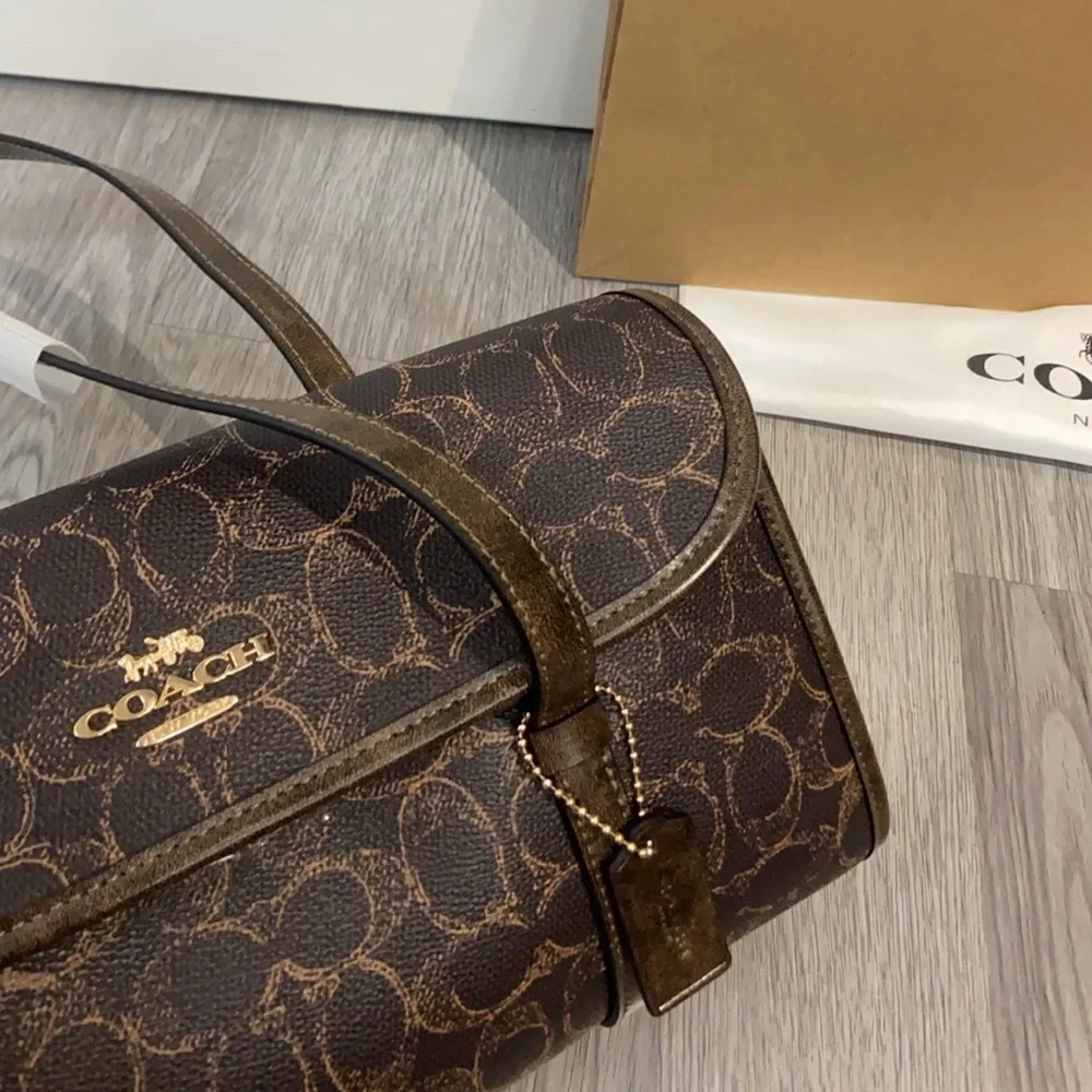 Coach Dark Brown Signature Canvas Shoulder Bag with Gold Logo